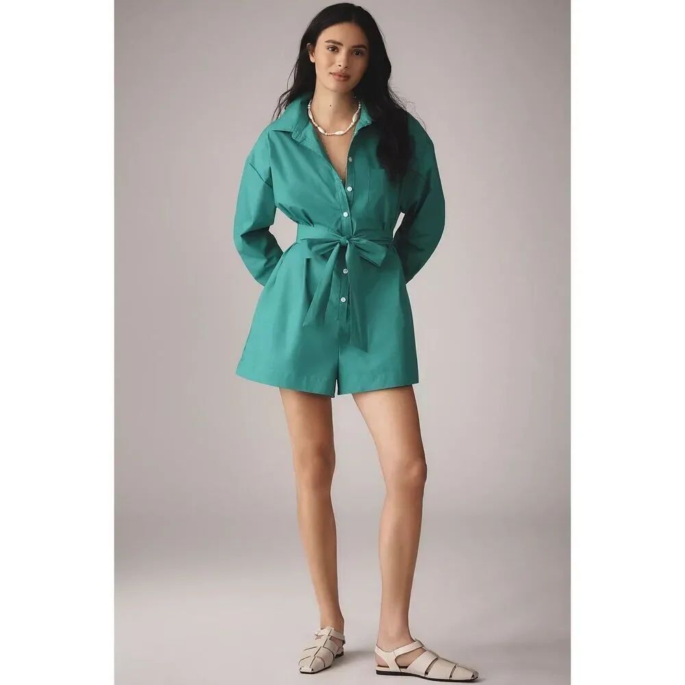 Maeve Anthropologie Bennet Buttondown Romper Green Size S